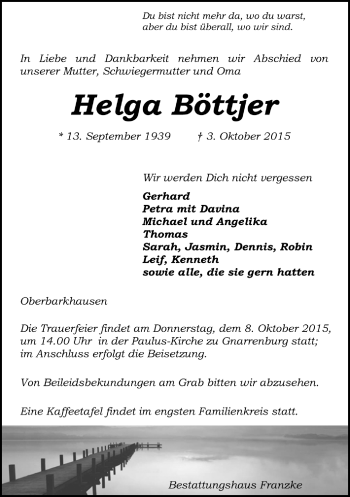 Todesanzeige von Helga Böttjer von Trauer.de