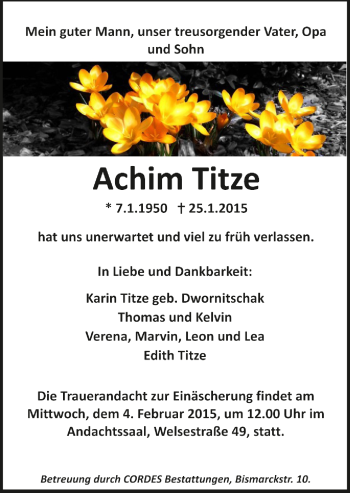 Todesanzeige von Achim Titze von Trauer.de