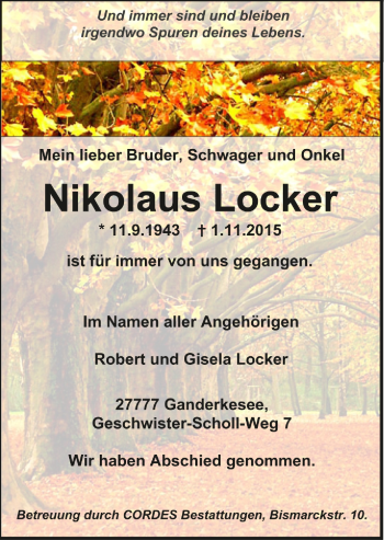 Todesanzeige von Nikolaus Locker von Trauer.de