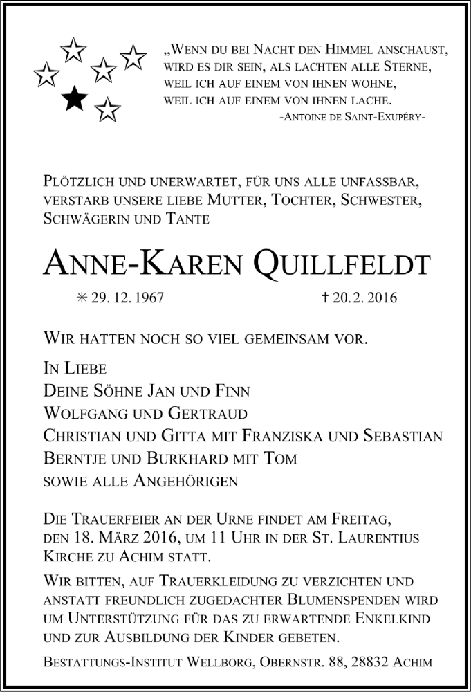  Traueranzeige für Anne-Karen Quillfeldt vom 12.03.2016 aus Trauer.de