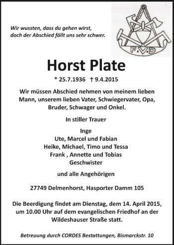 Todesanzeige von Horst Plate von Trauer.de