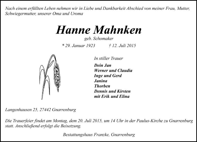  Traueranzeige für Hanne Mahnken vom 15.07.2015 aus Trauer.de