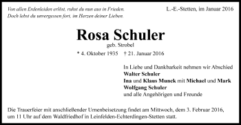 Todesanzeige von Rosa Schuler von Trauer.de