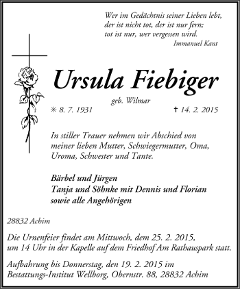 Todesanzeige von Ursula Fiebinger von Trauer.de