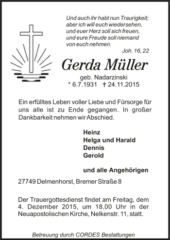 Todesanzeige von Gerda Müller von Trauer.de