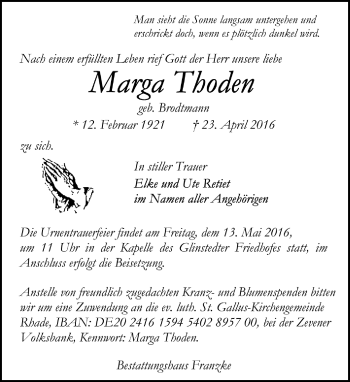 Todesanzeige von Marga Thoden von Trauer.de