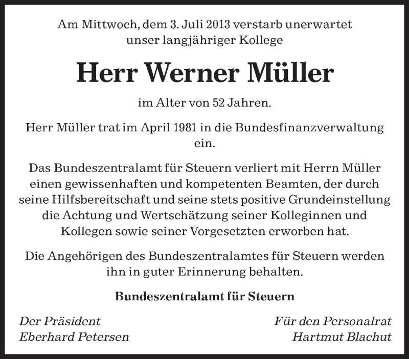  Traueranzeige für Werner Müller vom 16.07.2013 aus 
