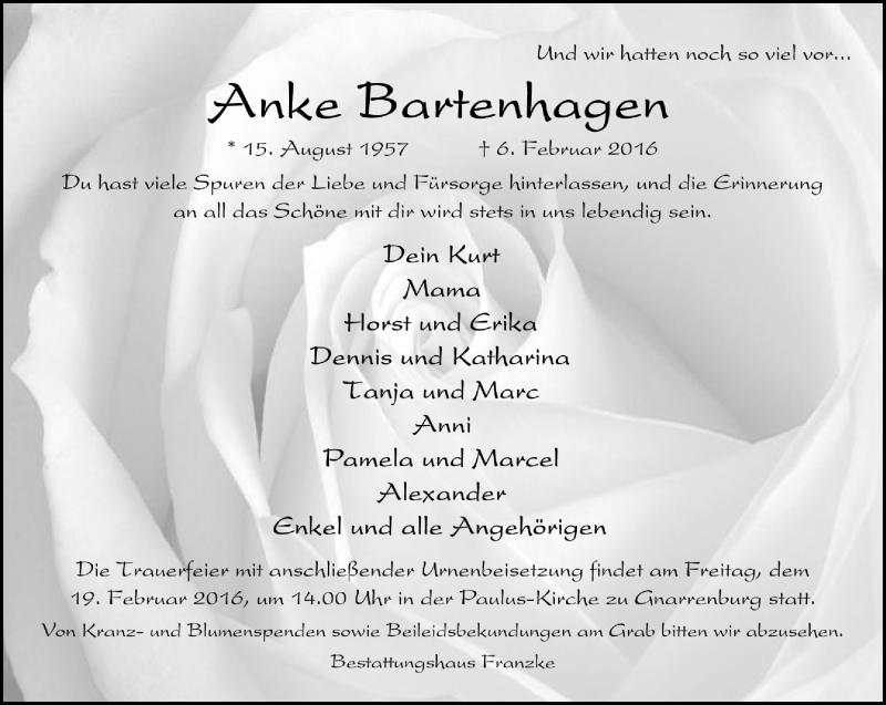  Traueranzeige für Anke Bartenhagen vom 13.02.2016 aus Trauer.de