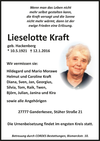 Todesanzeige von Lieselotte Kraft von Trauer.de