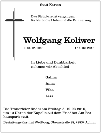 Todesanzeige von Wolfgang Koliwer von Trauer.de