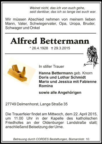 Todesanzeige von Alfred Bettermann von Trauer.de