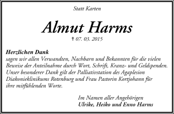 Todesanzeige von Almut Harms von Trauer.de
