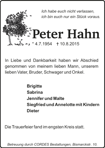 Todesanzeige von Peter Hahn von Trauer.de