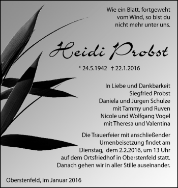 Todesanzeige von Heidi Probst von Trauer.de