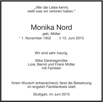 Todesanzeige von Monika Nord von Trauer.de