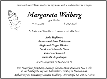 Todesanzeige von Margareta Weiberg von Trauer.de