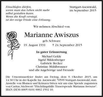 Todesanzeige von Marianne Awiszus von Trauer.de