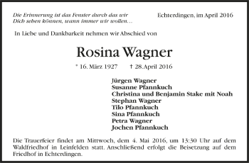 Todesanzeige von Rosina Wagner von Trauer.de