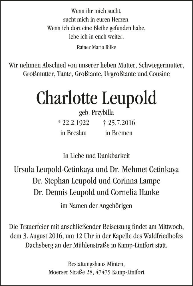  Traueranzeige für Charlotte Leupold vom 30.07.2016 aus Trauer.de 