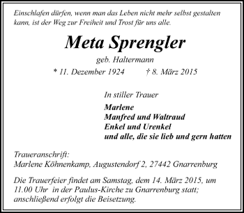 Todesanzeige von Meta Sprengler von Trauer.de