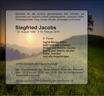 Todesanzeige von Siegfried Jacobs von Trauer.de
