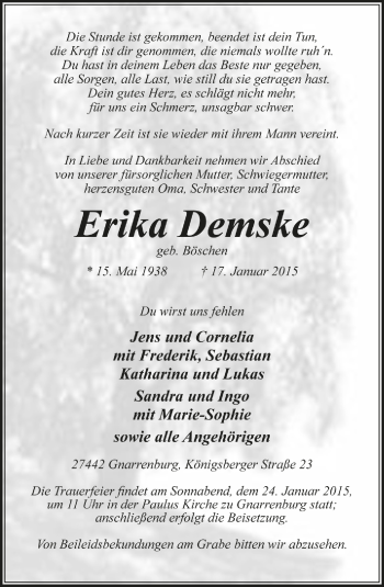 Todesanzeige von Erika Demske von Trauer.de