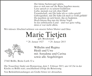 Todesanzeige von Marie Tietjen von Trauer.de
