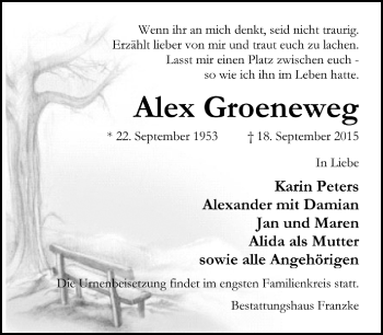 Todesanzeige von Alex Groeneweg von Trauer.de