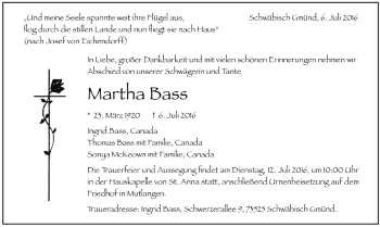 Todesanzeige von Martha Bass von Trauer.de
