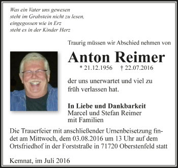 Todesanzeige von Anton Reimer von Trauer.de