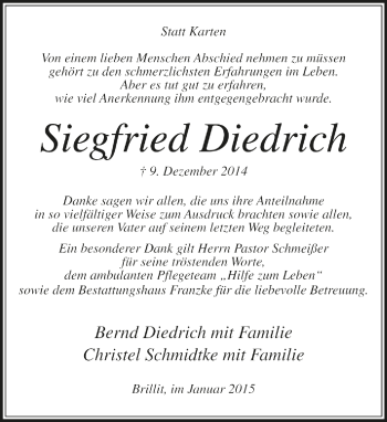 Todesanzeige von Siegfried Diedrich von Trauer.de