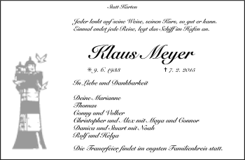 Todesanzeige von Klaus Meyer von Trauer.de