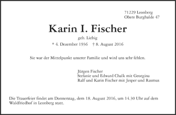 Todesanzeige von Karin I. Fischer von Trauer.de