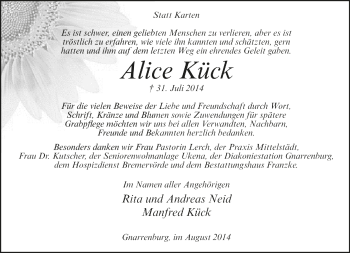 Todesanzeige von Alice Kück von Trauer.de