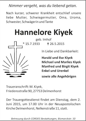 Todesanzeige von Hannelore Kiyek von Trauer.de