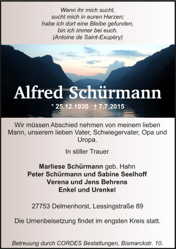 Todesanzeige von Alfred Schürmann von Trauer.de
