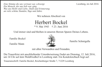 Todesanzeige von Herbert Bockel von Trauer.de