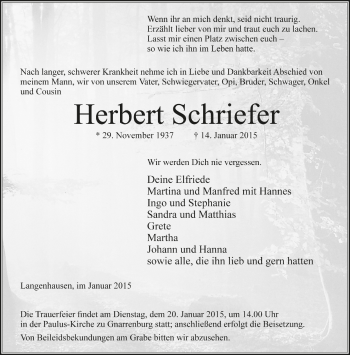 Todesanzeige von Herbert Schriefer von Trauer.de