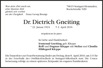 Todesanzeige von Dr. Dietrich Gneiting von Trauer.de