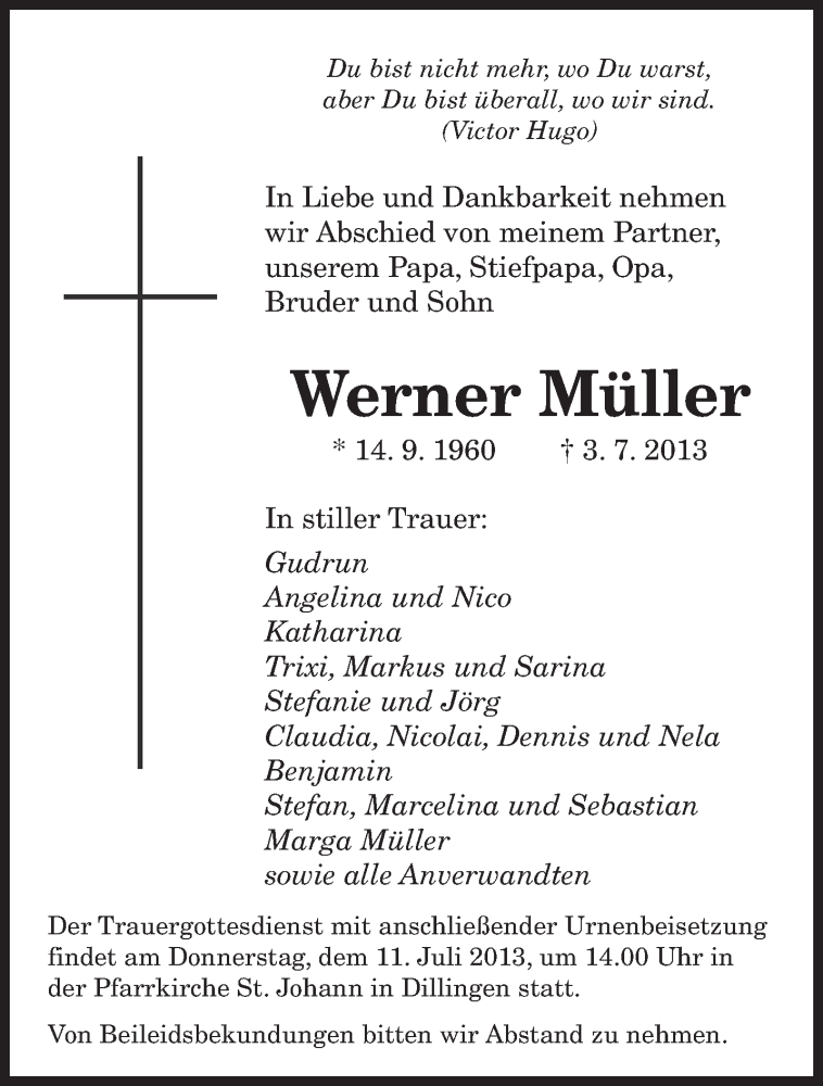  Traueranzeige für Werner Müller vom 08.07.2013 aus 