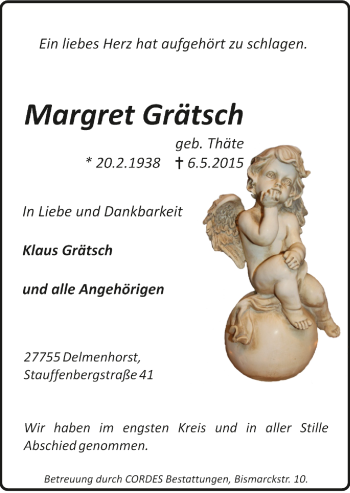 Todesanzeige von Margaret  Grätsch von Trauer.de