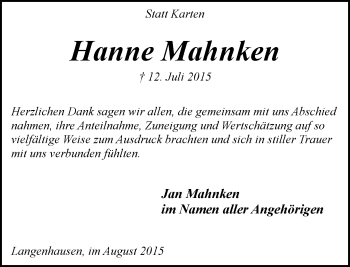 Todesanzeige von Hanne Mahnken von Trauer.de