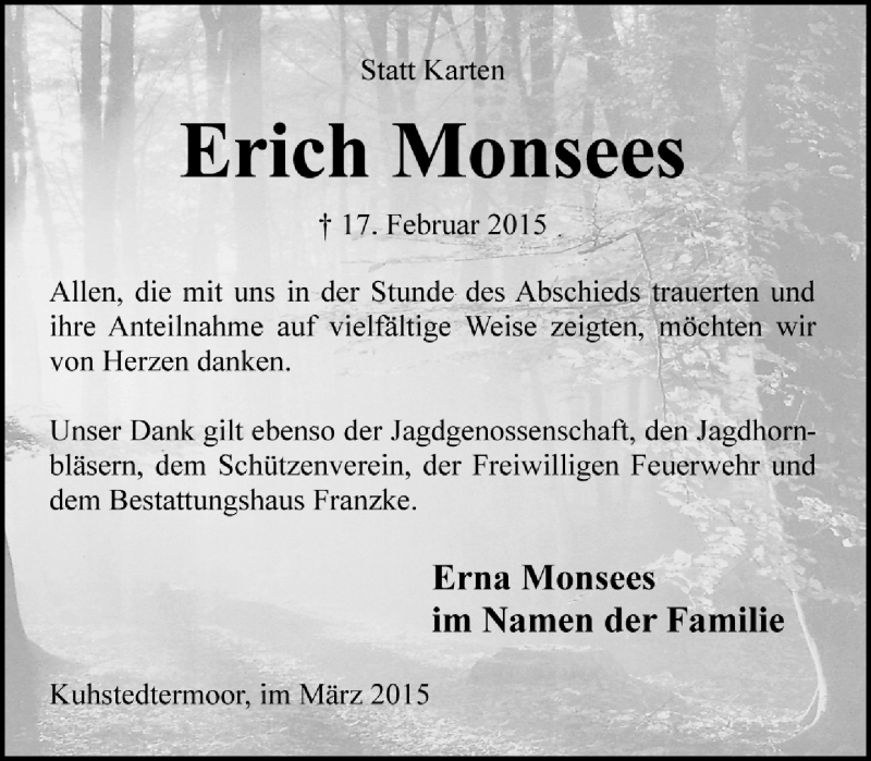  Traueranzeige für Erich Monsees vom 28.03.2015 aus Trauer.de