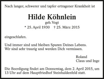 Todesanzeige von Hilde Köhnlein von Trauer.de