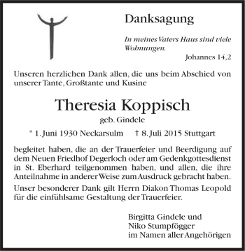 Todesanzeige von Theresia Koppisch von Trauer.de