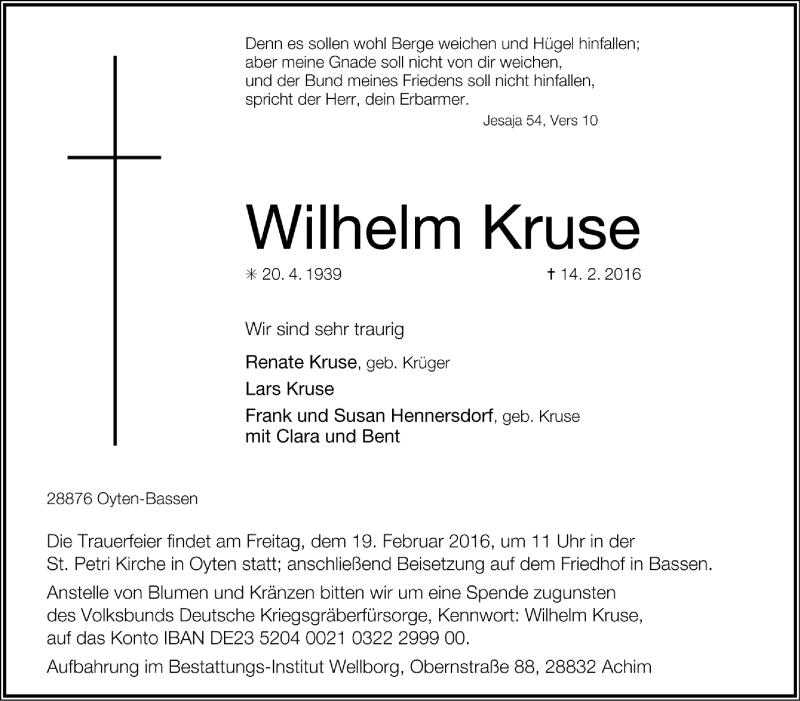  Traueranzeige für Wilhelm Kruse vom 16.02.2016 aus Trauer.de