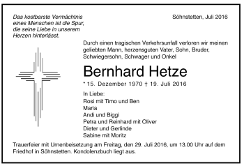 Todesanzeige von Bernhard Hetze von Trauer.de