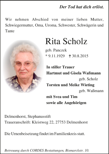 Todesanzeige von Rita Scholz von Trauer.de