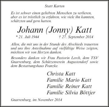 Todesanzeige von Johann Katt von Trauer.de