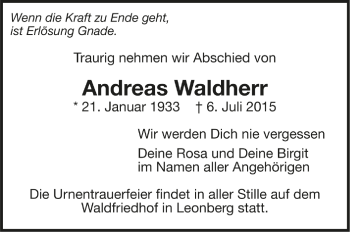 Todesanzeige von Andreas Waldherr von Trauer.de